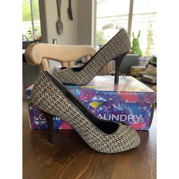 7M Chinese Laundry Cutie Open Toe Pump Tweed and Button Gray Women's Heels - Picture 5 of 7